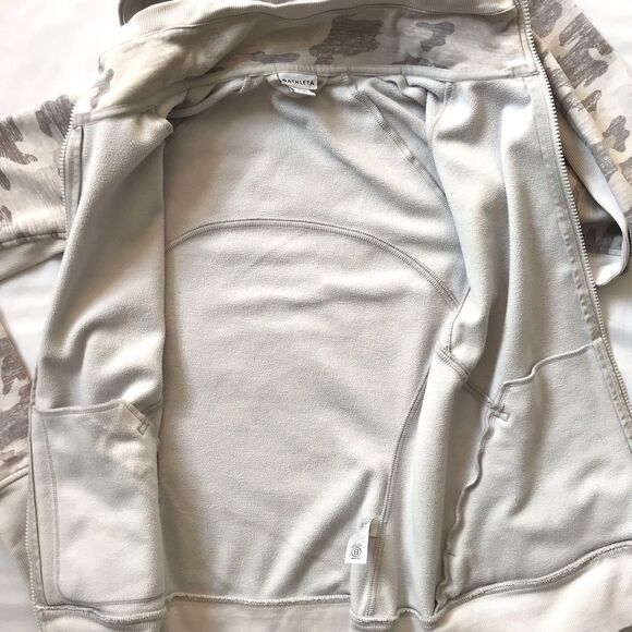 Athleta Triumph Hoodie Women Small Beige Gray Camo Thumbholes Jacket Heavy EUC - Picture 6 of 15